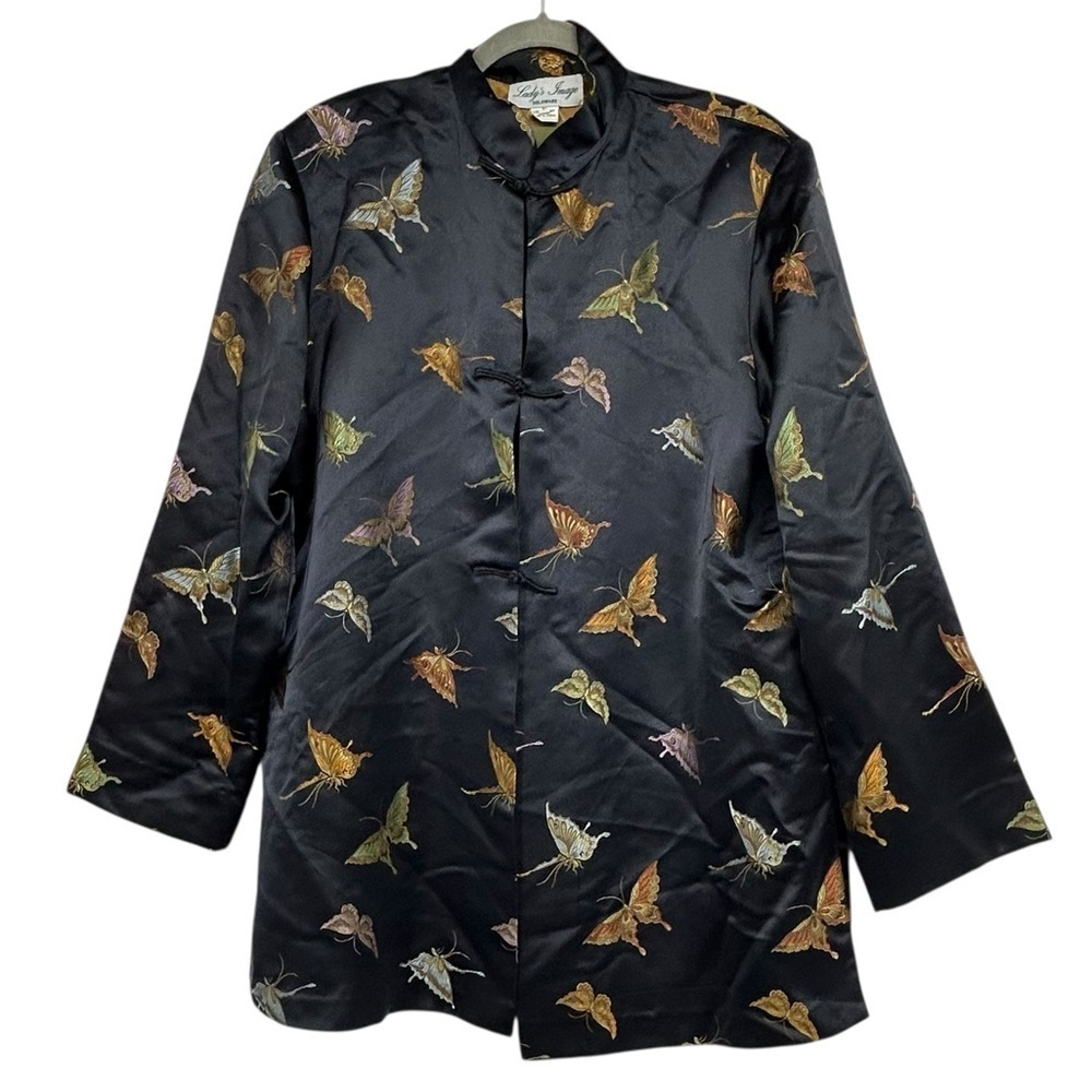 Vintage Y2K Asian Butterfly Embroidered Satin Jacket Black Rayon Size XL Boho